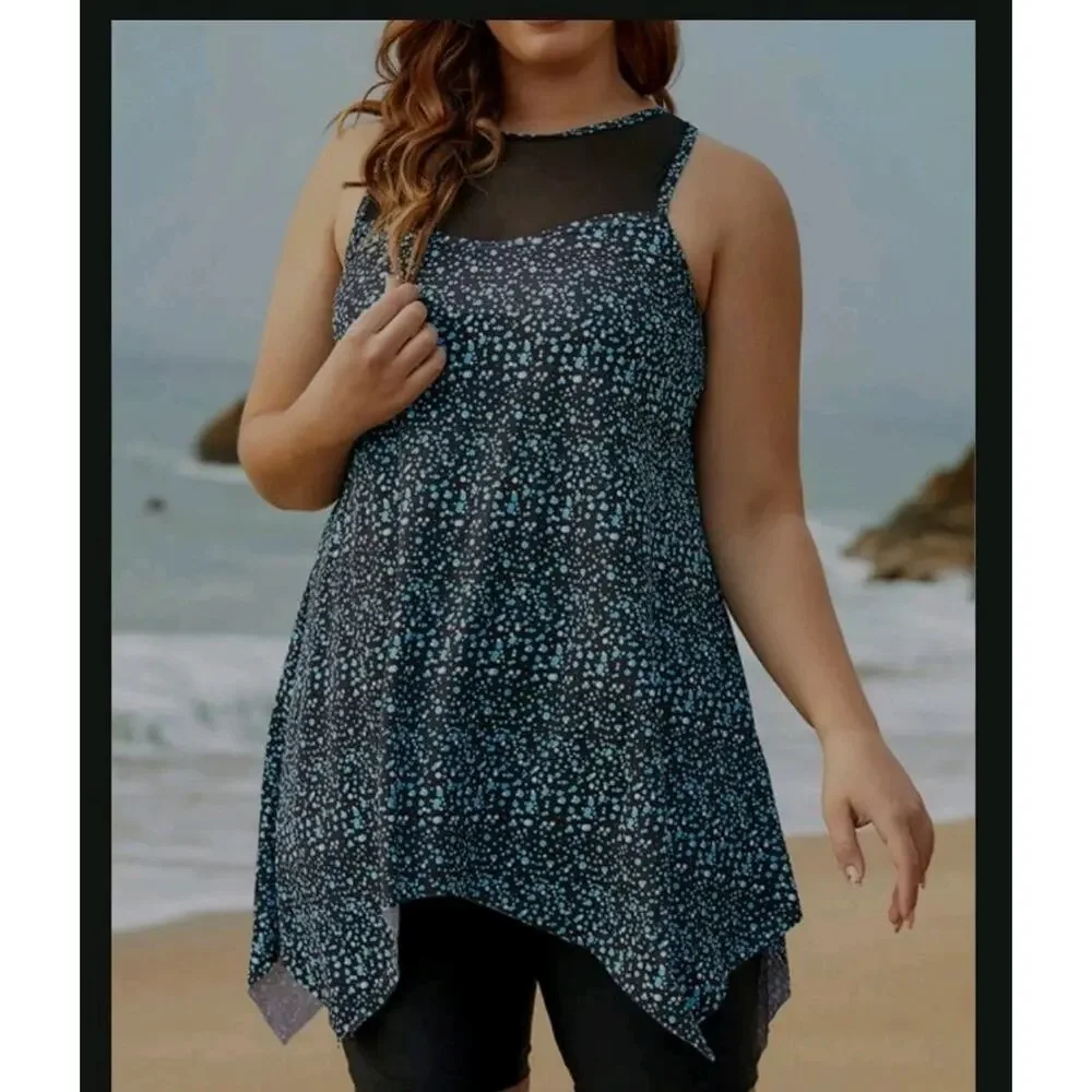 Swim 365 Curvedream Polka Dot Print Asymmetric High Neck Tankini sz24 Coastal